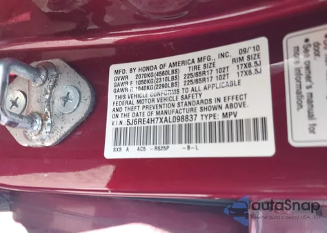 2010 Honda Cr-V Ex-L z USA, uszkodzony, nr VIN 5J6RE4H7XAL098837